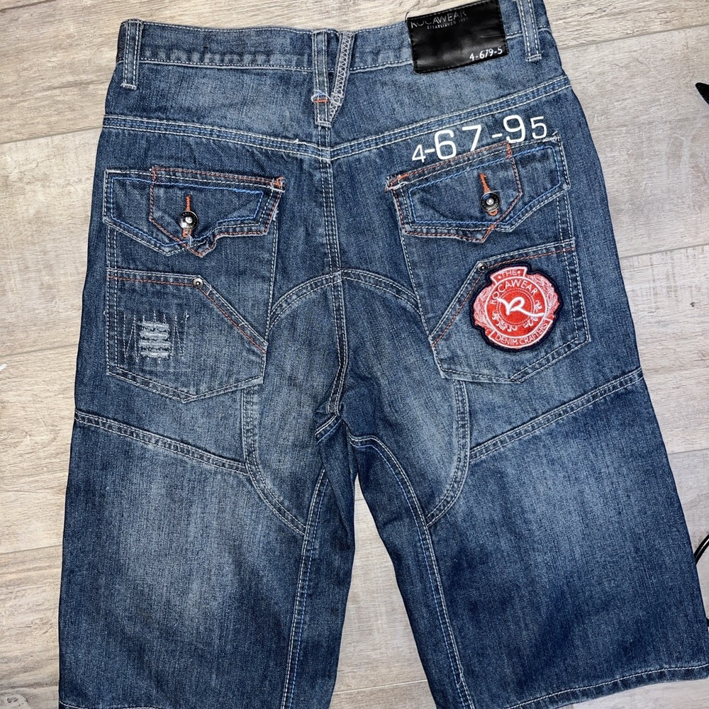 Vtg Y2k Rocawear Skater Wide Leg Baggy Jean Shorts Jorts 30 Patches Small